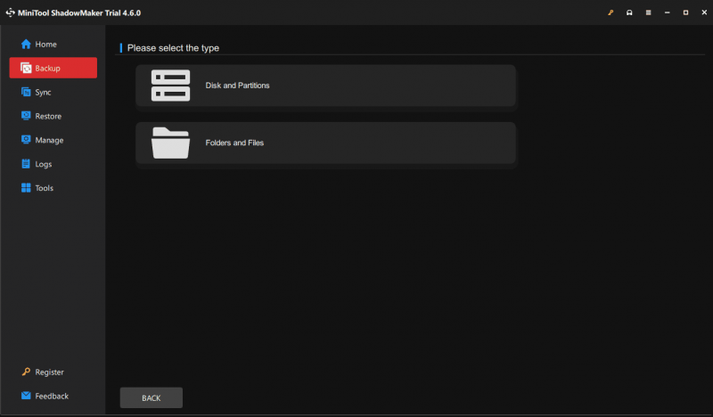   Página de backup do MiniTool ShadowMaker para escolher o tipo de backup