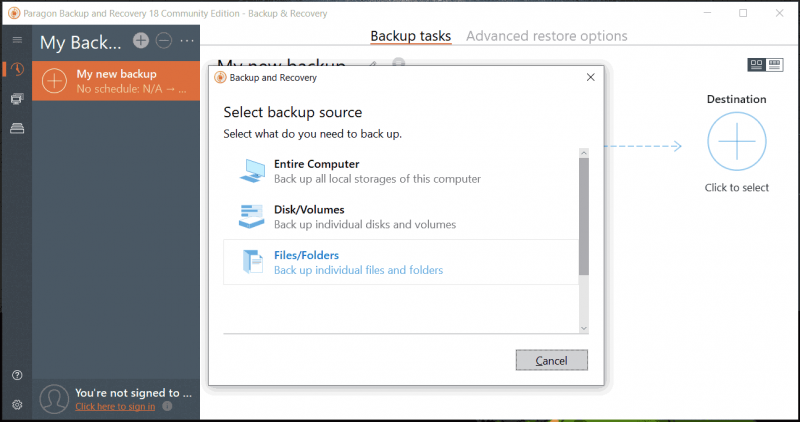   Paragon Backup and Recovery Community Edition pentru a alege fișierele pentru care să backup