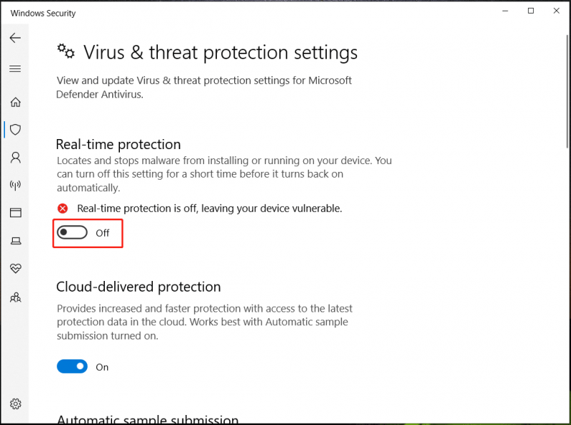   απενεργοποιήστε την προστασία του Windows Defender σε πραγματικό χρόνο