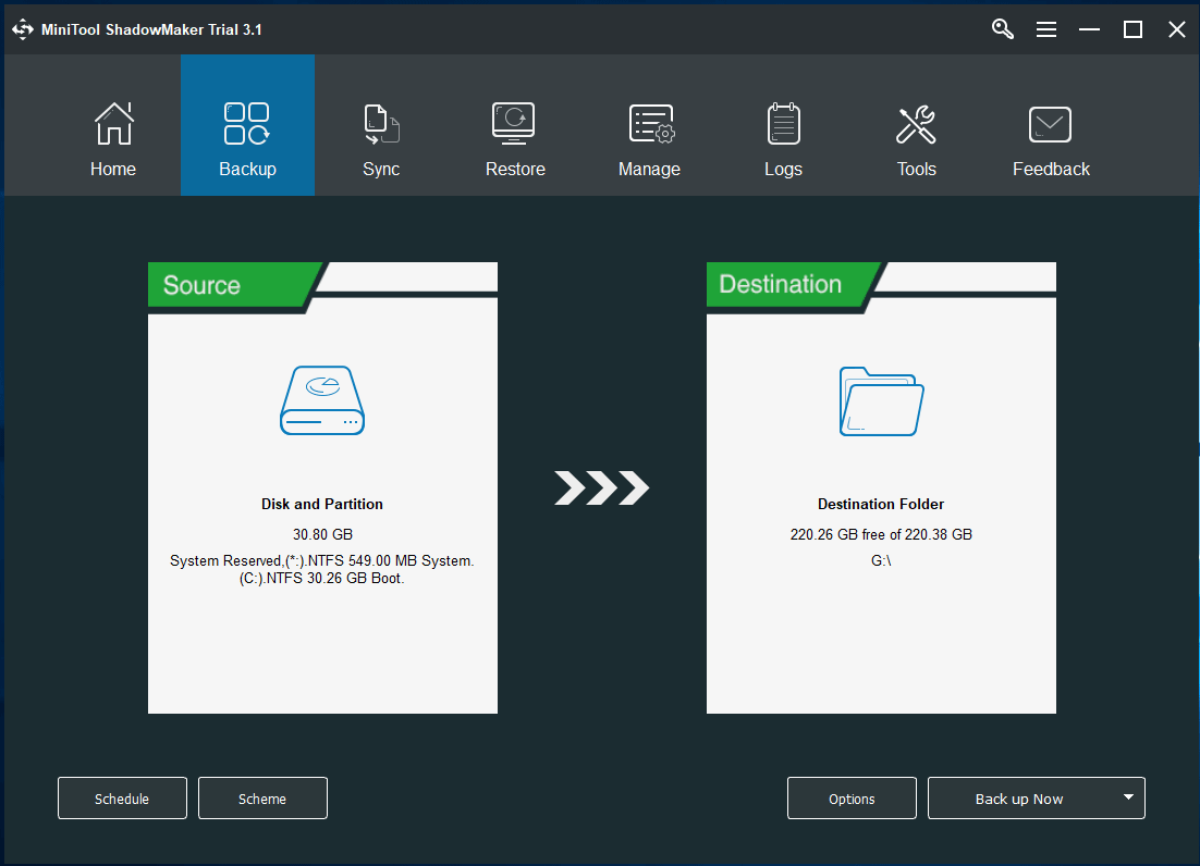 MiniTool ShadowMaker privzeto varnostno kopira OS