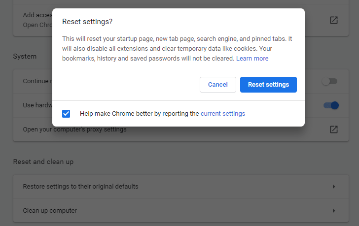 lähtestage Google Chrome vaikeseadetele