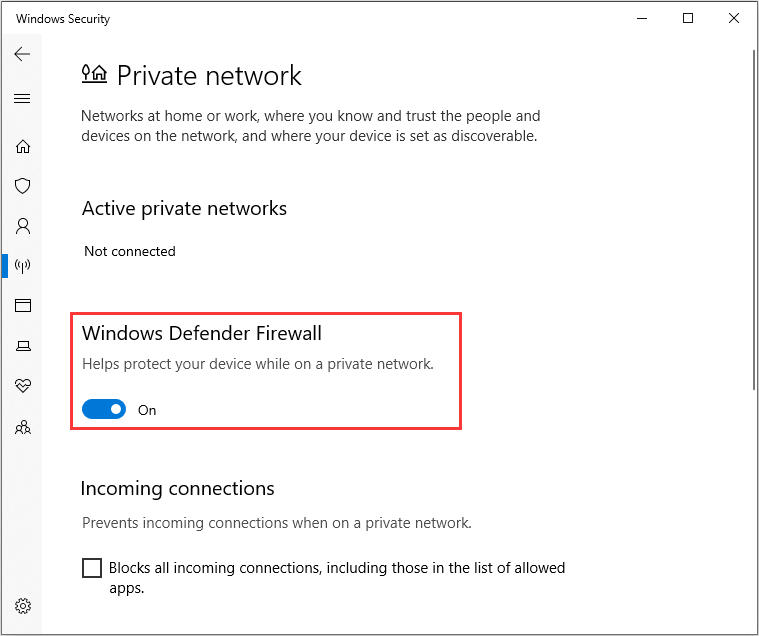 disattiva Windows Defender Firewall