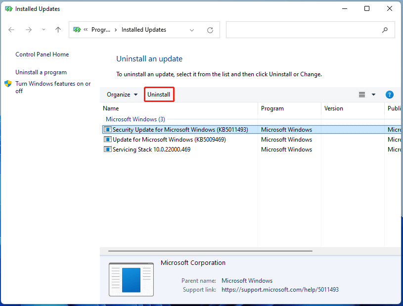 desinstalar la actualización de Windows