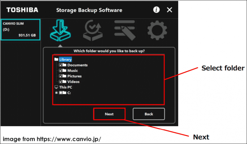   Toshiba Storage Backup Software izbere mape za varnostno kopiranje