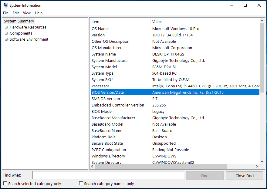 সিস্টেম তথ্য উইন্ডোতে BIOS সংস্করণ পরীক্ষা করুন