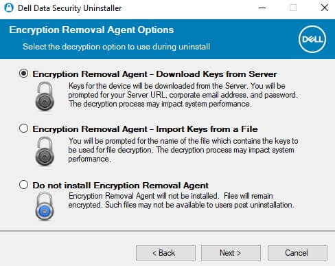 Opções do Dell Encryption Removal Agent