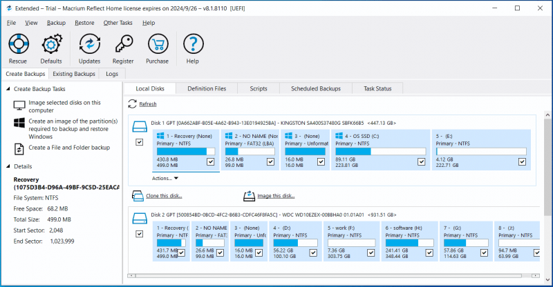   Interface principal do Macrium Reflect