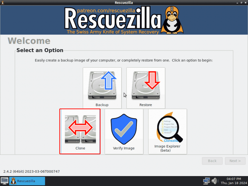   Clone de restauração de backup da interface principal do Rescuezilla