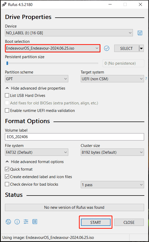   polta EndeavourOS ISO USB:lle