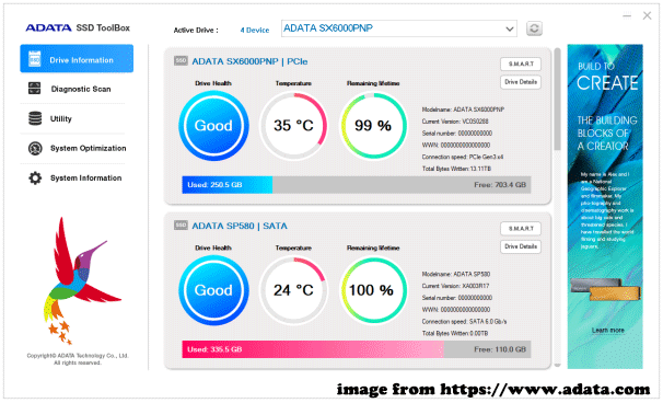   ADATA SSD Toolbox interface