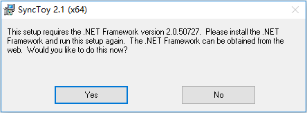 SyncToy nepieciešama NET Framework versija