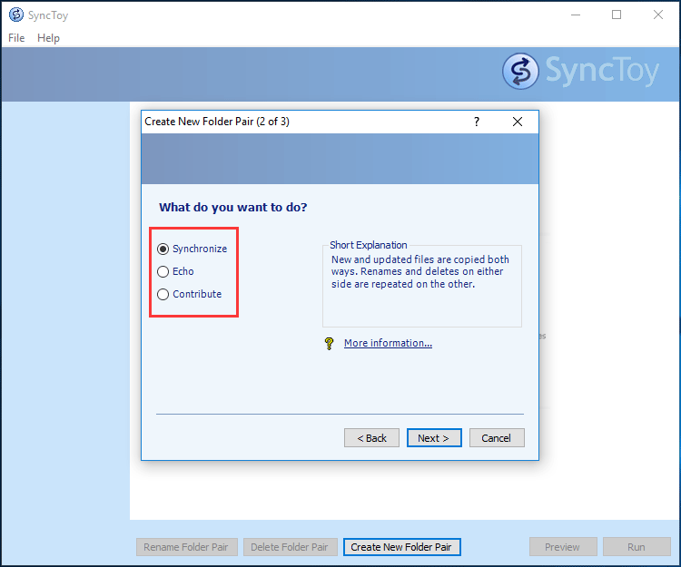 SyncToy ofrece tres opciones de sincronización