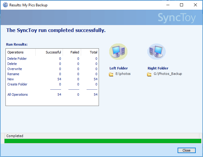 La ejecución de Windows 10 SyncToy se completó correctamente