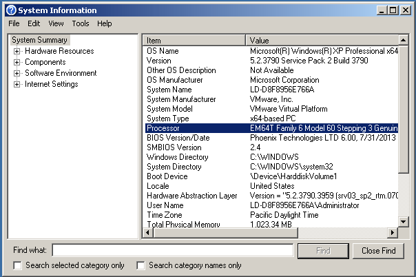 informazioni di sistema di Windows XP