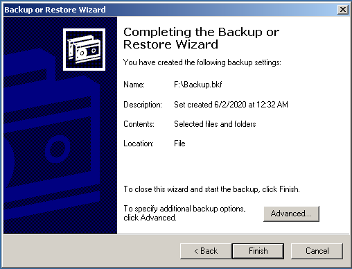 lõpetage faili varundamine XP sisseehitatud varundustööriista abil