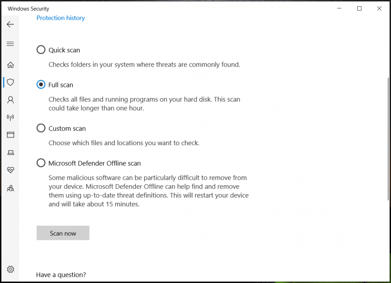  Windows Güvenliği tarama seçeneği