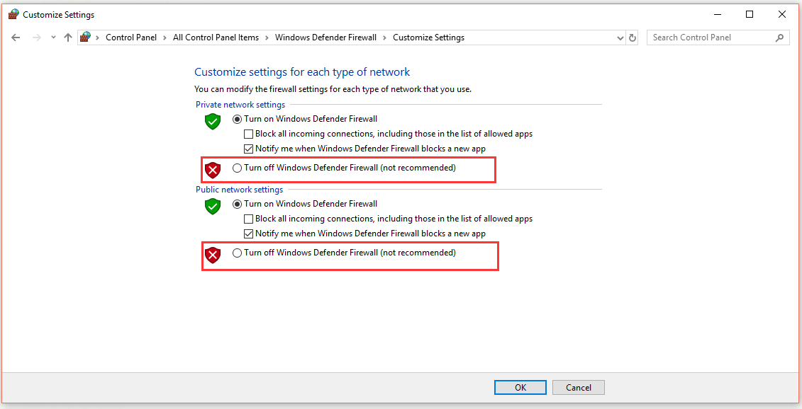 επιλέξτε Απενεργοποίηση τείχους προστασίας του Windows Defender