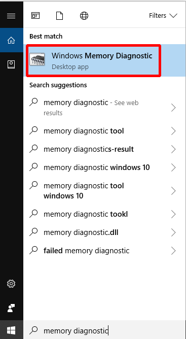 tippige mäludiagnostika ja klõpsake nuppu Windows Memory Diagnostic