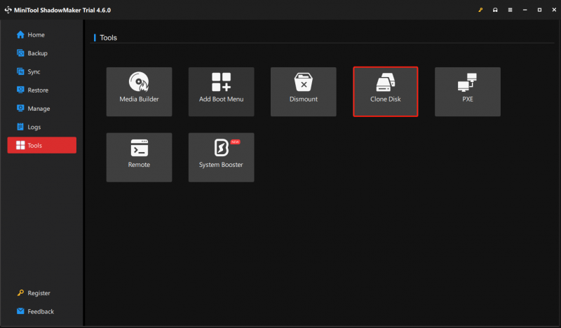   MiniTool ShadowMaker lapā Rīki atlasiet Klonēt disku