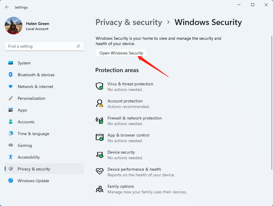 mở bảo mật Windows