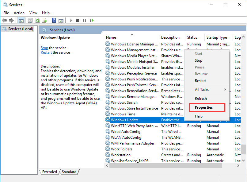 napsauta hiiren kakkospainikkeella Windows Update ja jatka valitsemalla Ominaisuudet