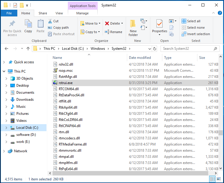 rstrui.exe im Windows 10 Datei-Explorer