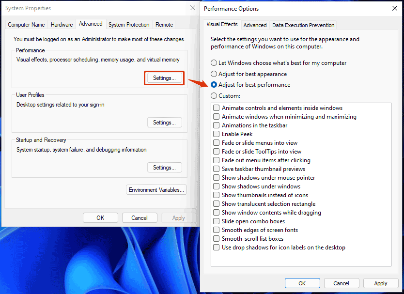 시각 효과 비활성화 Windows 11