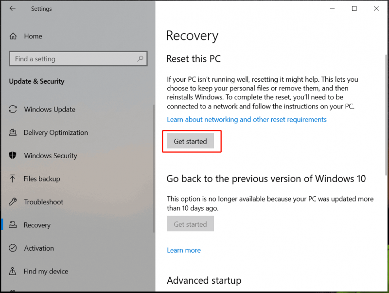   reset deze pc Windows 10