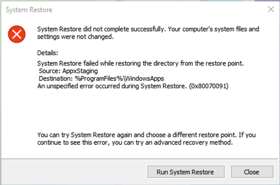 erro de restauração do sistema 0x80070091
