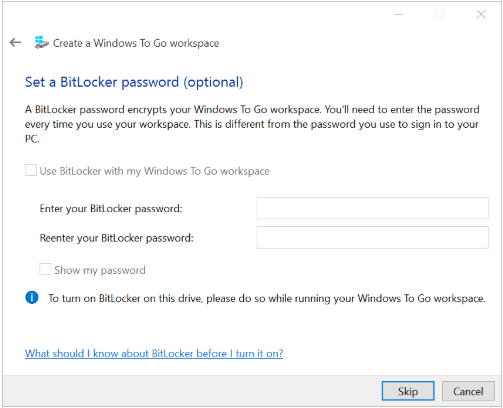 elegir si desea establecer una contraseña de BitLocker