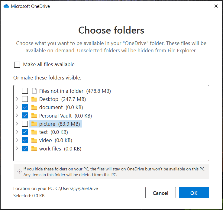 OneDrive에서 폴더 선택을 취소하세요.