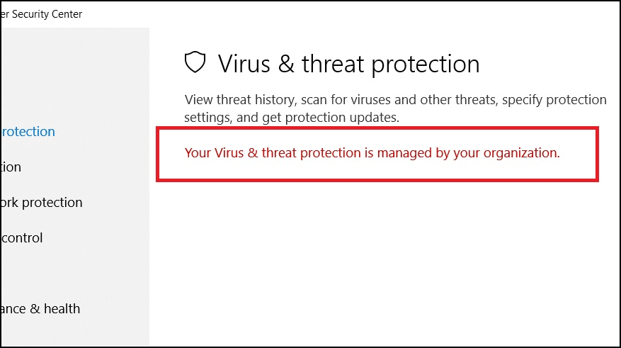 protecția împotriva virușilor și amenințărilor dvs. este gestionată de organizația dvs.