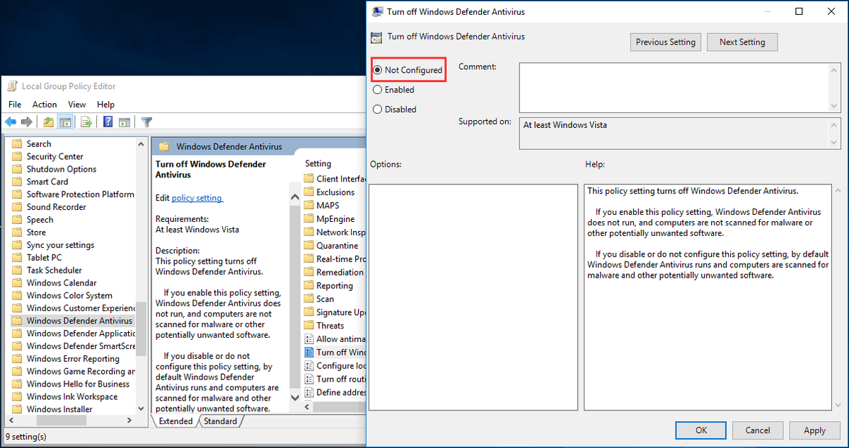impostare i dati del valore DisableAntiSpyware di Windows Defender su 0