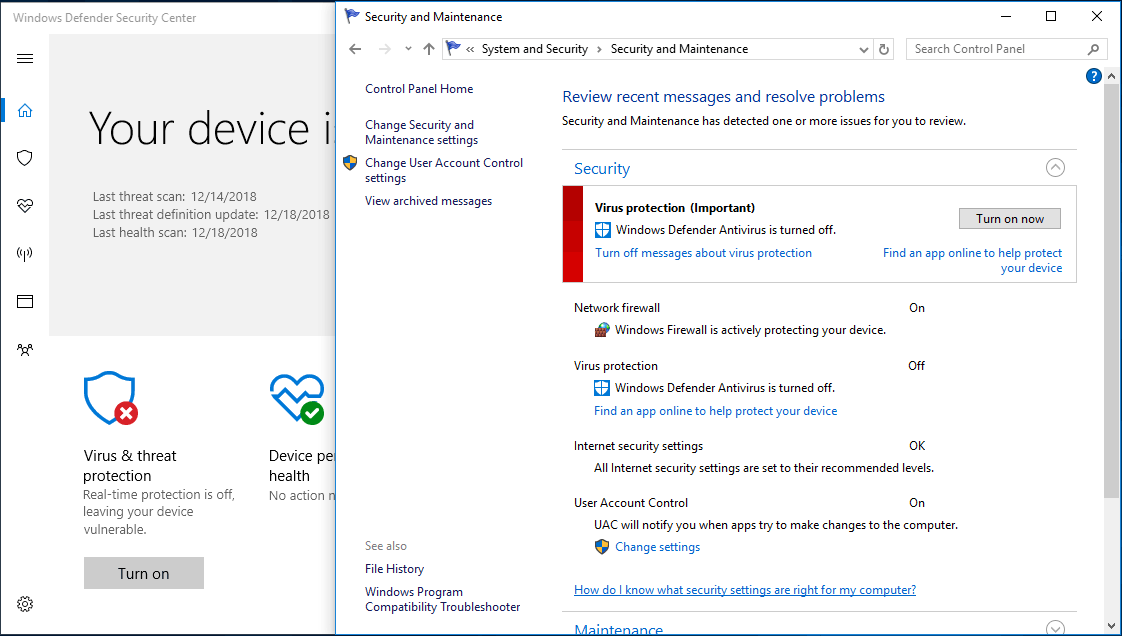 Windows Defender는 Windows 10을 켜지 않습니다.