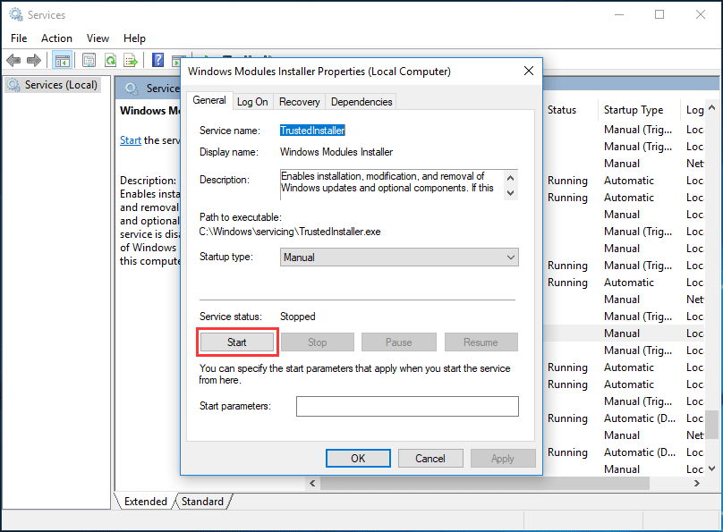 käivitage Windows Modules Installer