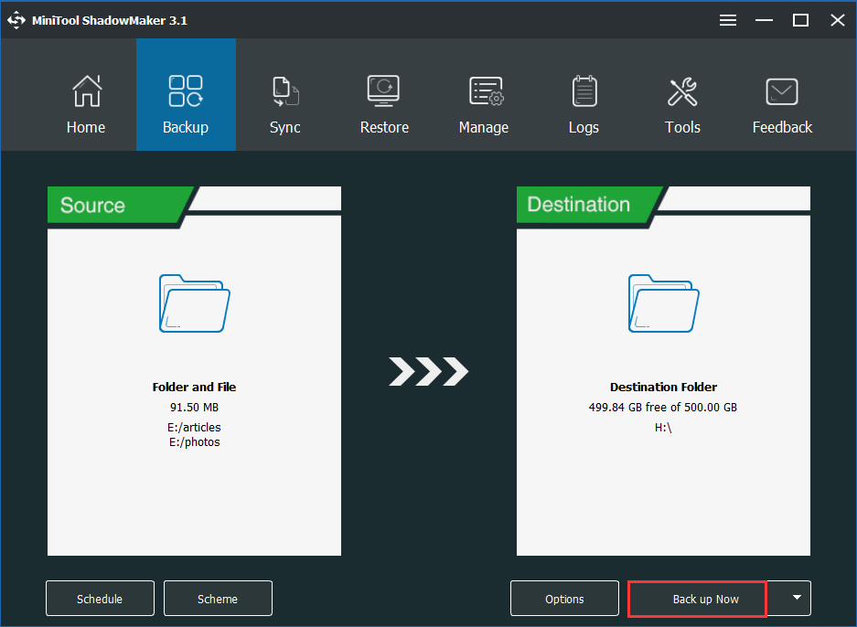 MiniTool ShadowMaker sikkerhedskopierer filer
