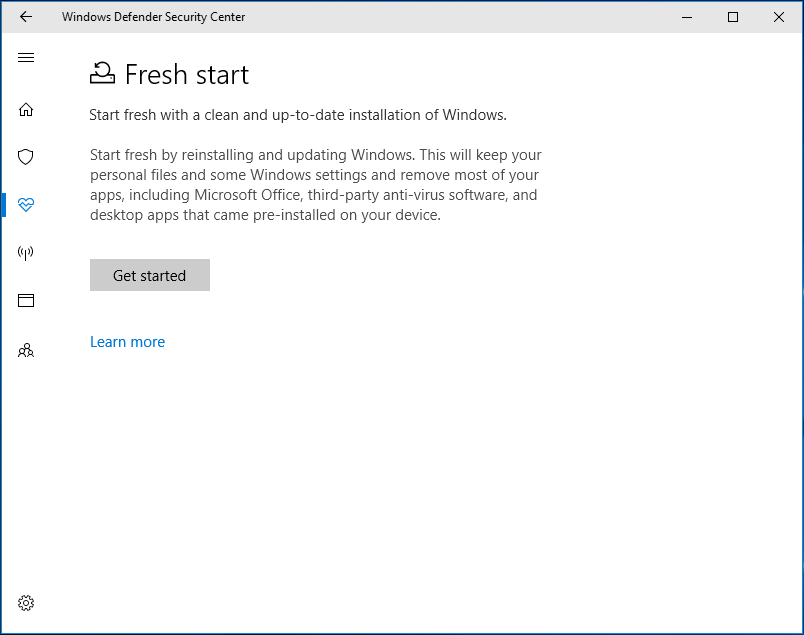 Nuevo comienzo de Windows 10