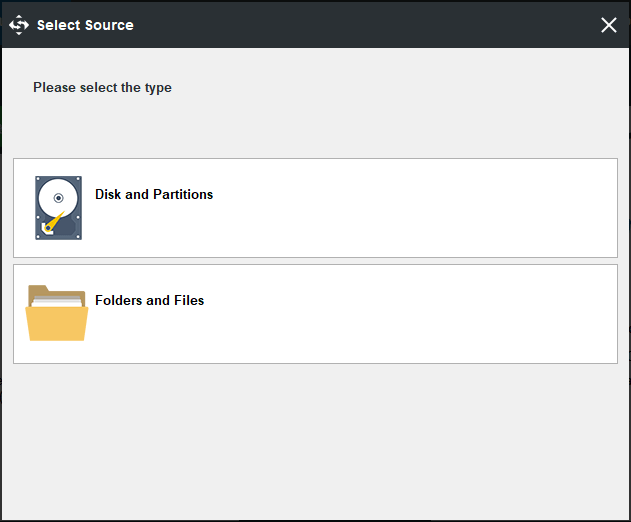 selezionare il disco o il file di origine del backup