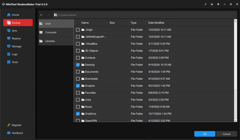   bifați fișierele pe care doriți să le faceți copii de rezervă în MiniTool ShadowMaker