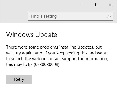 Errore di aggiornamento di Windows 0x80080008