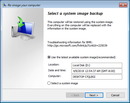 Wählen Sie das neueste System-Image oder eine Image-Sicherung