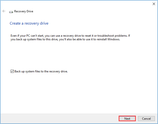 avaa Windows 10 Recovery Drive -ominaisuus
