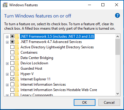 zkontrolujte .NET Framework 3.5 a pokračujte kliknutím na OK