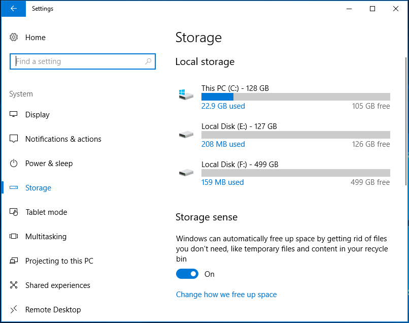 Sens du stockage dans Windows 10