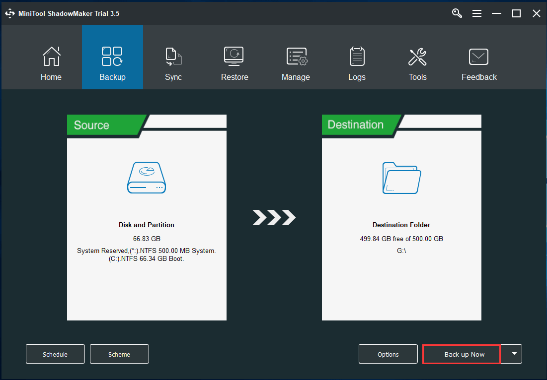 MiniTool ShadowMakeri süsteemi varundamine