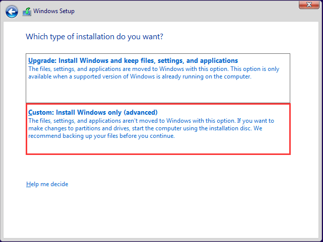 pasirinkite tik „Custom install Windows“