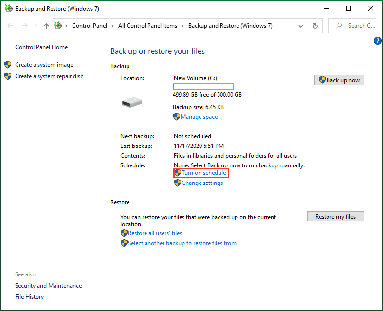Lülitage ajakava sisse varundamisel ja taastamisel (Windows 7)