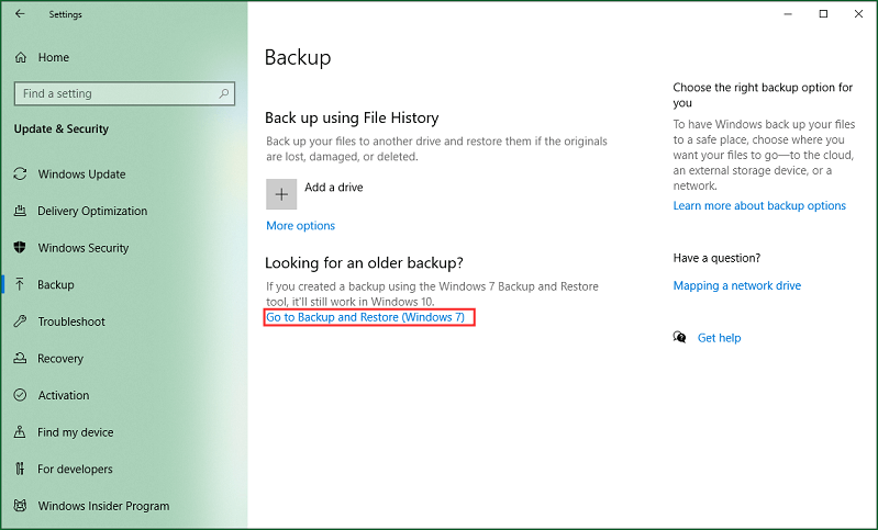 Valitse Siirry varmuuskopiointiin ja palauttamiseen (Windows 7)