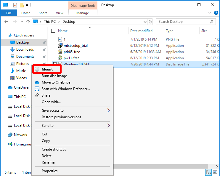 Napsauta Windows 10 ISO-tiedosto ja valitse Asenna