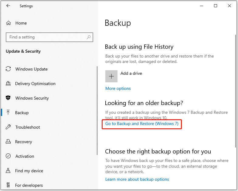 clique em Ir para backup e restauração (Windows 7)